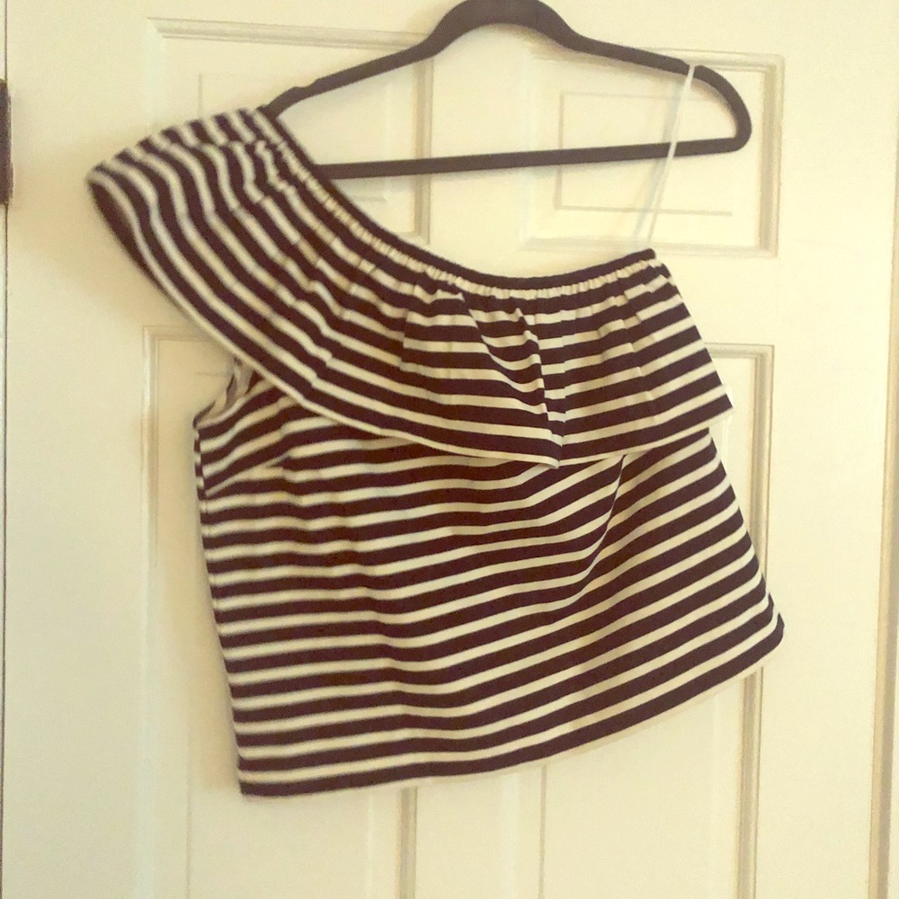 J Crew One shoulder navy/ white Ruffle blouse